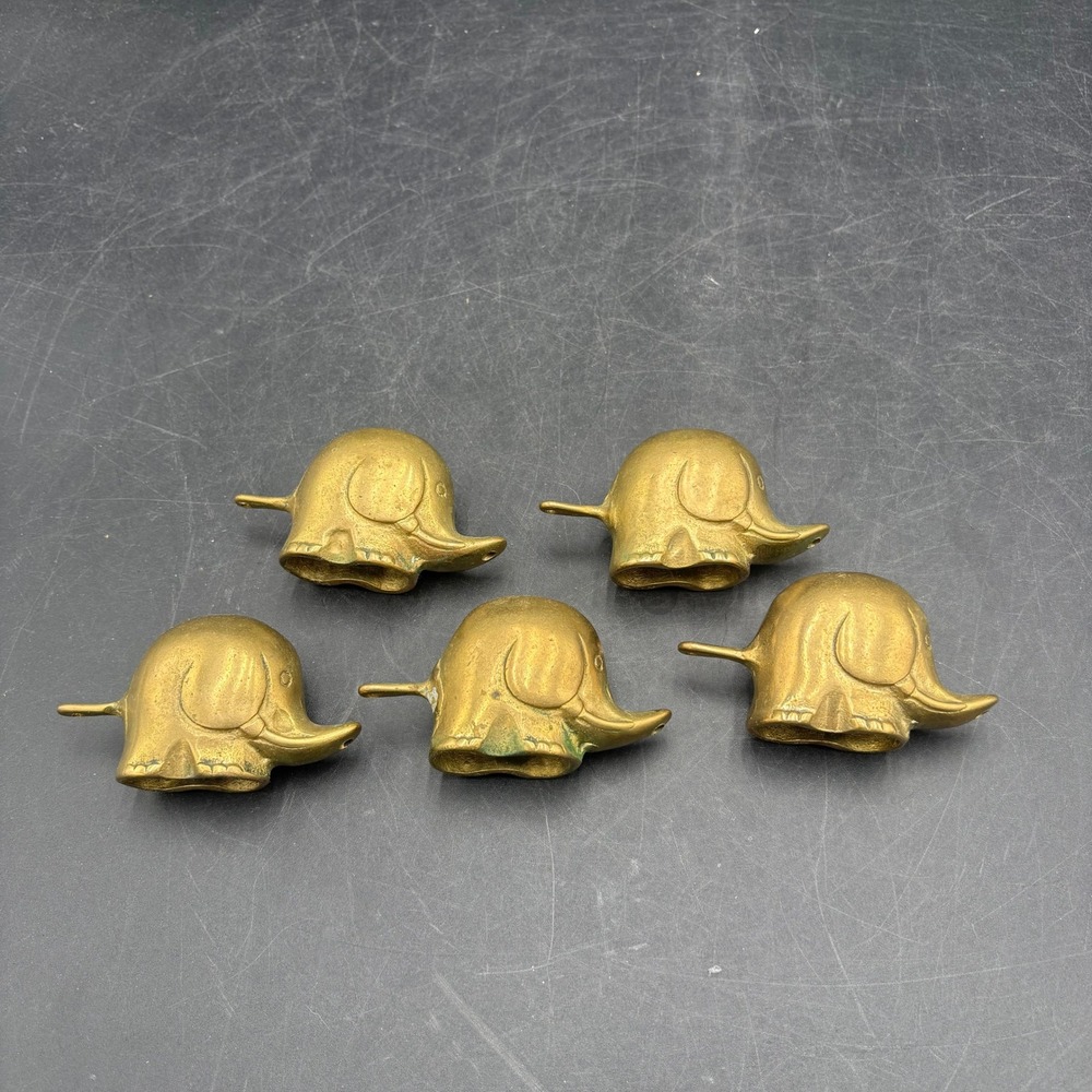 Vtg MCM Solid Brass Elephant Head to Trunk Train Set of 5 Gold